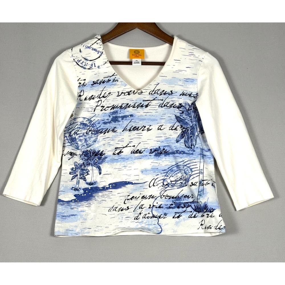 Ruby Rd Petite Women PS Blue White Tropical Postcard Sequin V-Neck Top
